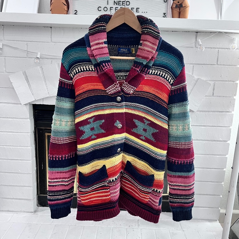 $898 Polo Ralph Lauren Small Hand Knit Beacon Cardigan Southwestern Serape Ranch